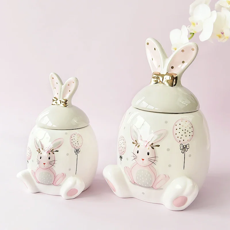 Ceramic Pet Ashes Box  Gold-Trimmed Chinese-Style Ash Urn  Cute Rabbit Shaped Memorial Jar for Cats and Dogs