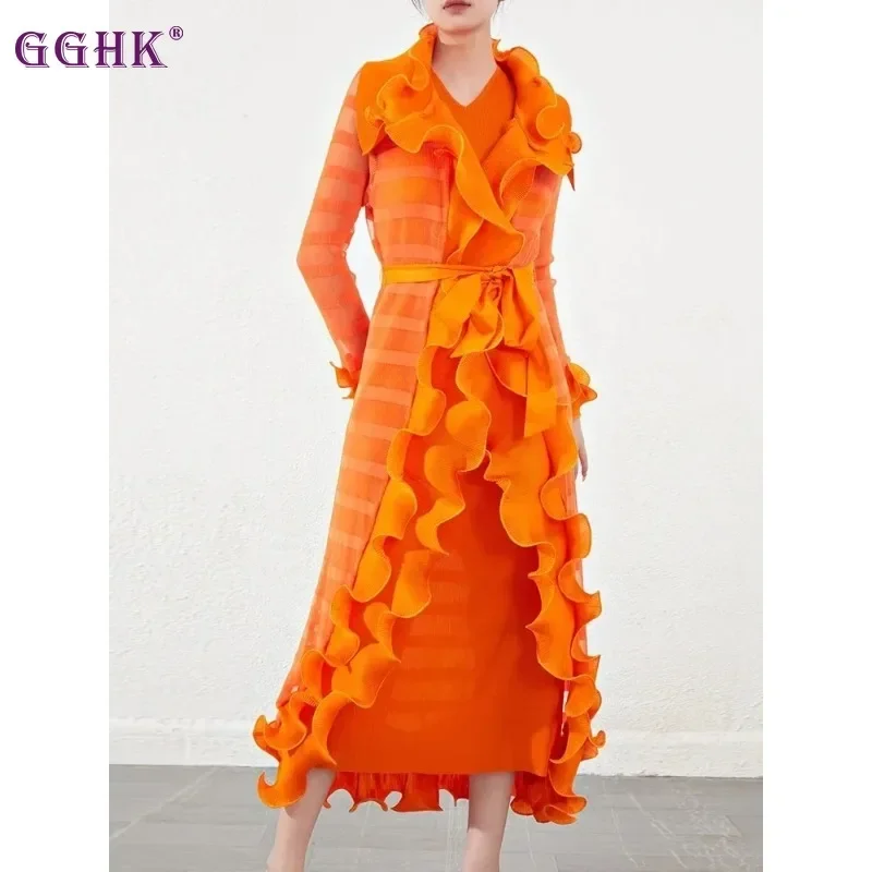 

GGHK Miyake Pleated Women Suit Maxi Dress Pure Color Ruffle Design Loose Plus Size Vintage Elegant Evening Party Dresses
