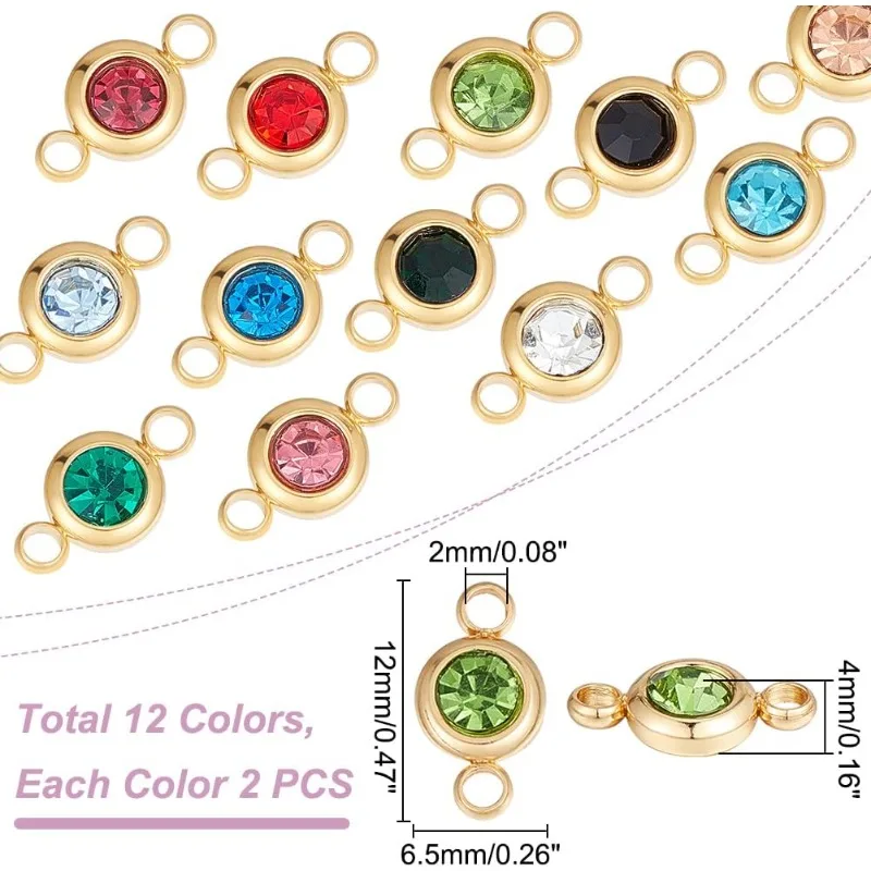 24Pcs 12 Color 304 Stainless Steel Golden Rhinestone Connector Charm Flat Round Links Charms Double Loop Ring Charm Necklace