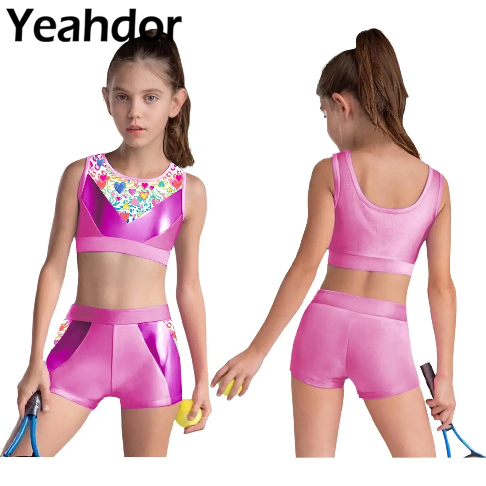 Childrens Sports Tracksuits Gymnastics Workout Sets Girls Metallic Printed Sleeveless Patchwork Crop Top Shorts Yoga Dancewear