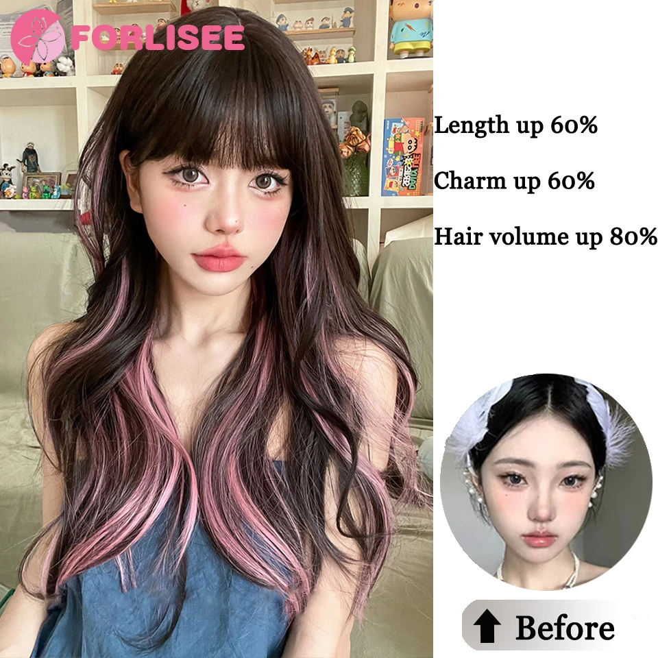 Long Wave Wig Women Wig with Bangs Highlight Powder Cospaly Lolita Daily Synthetic Wigs Heat Resistant Fiber Natural Fake Hair