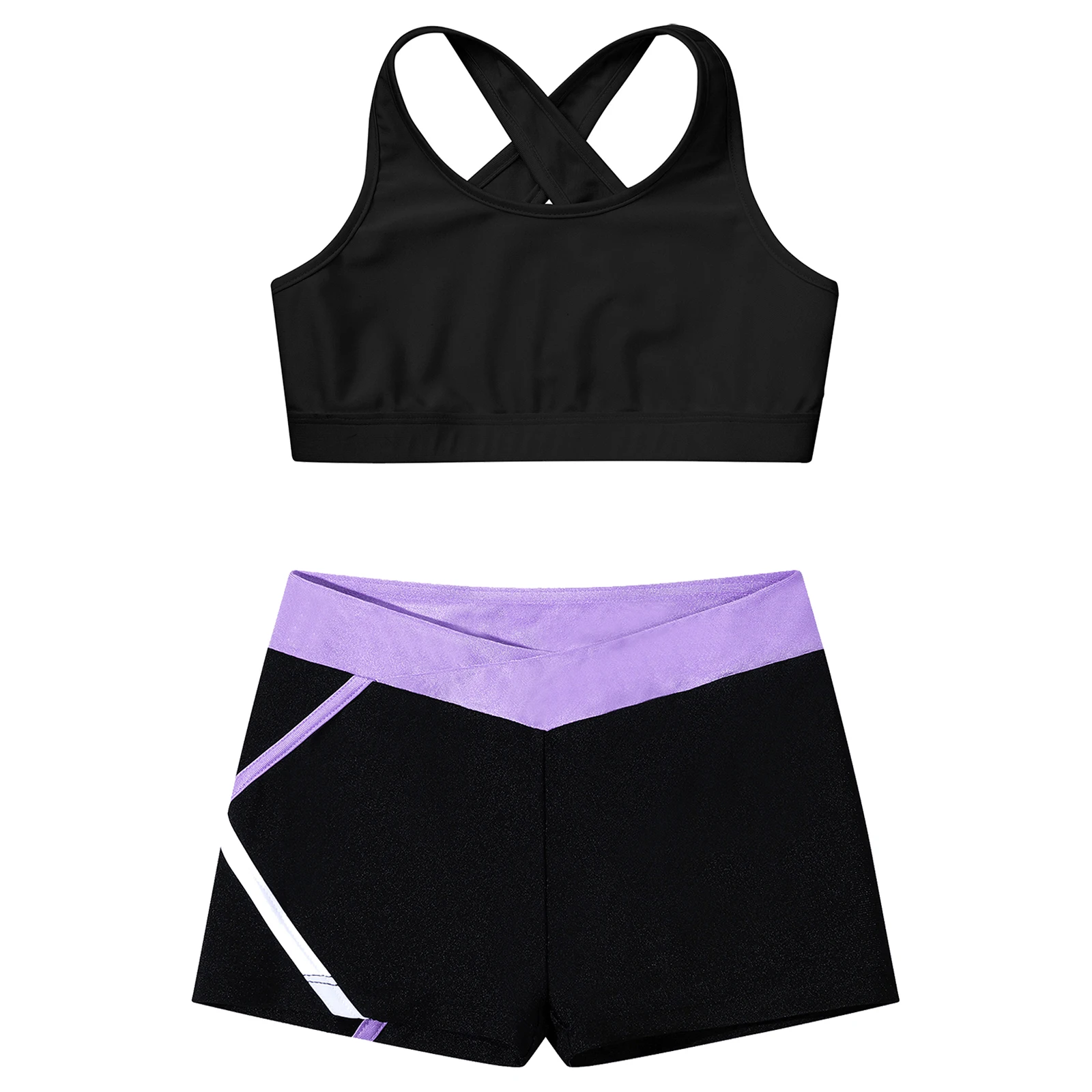 Traje de prática de dança para meninas, balé, crop top com shorts, ginásio de corrida, treino de banho, ginástica