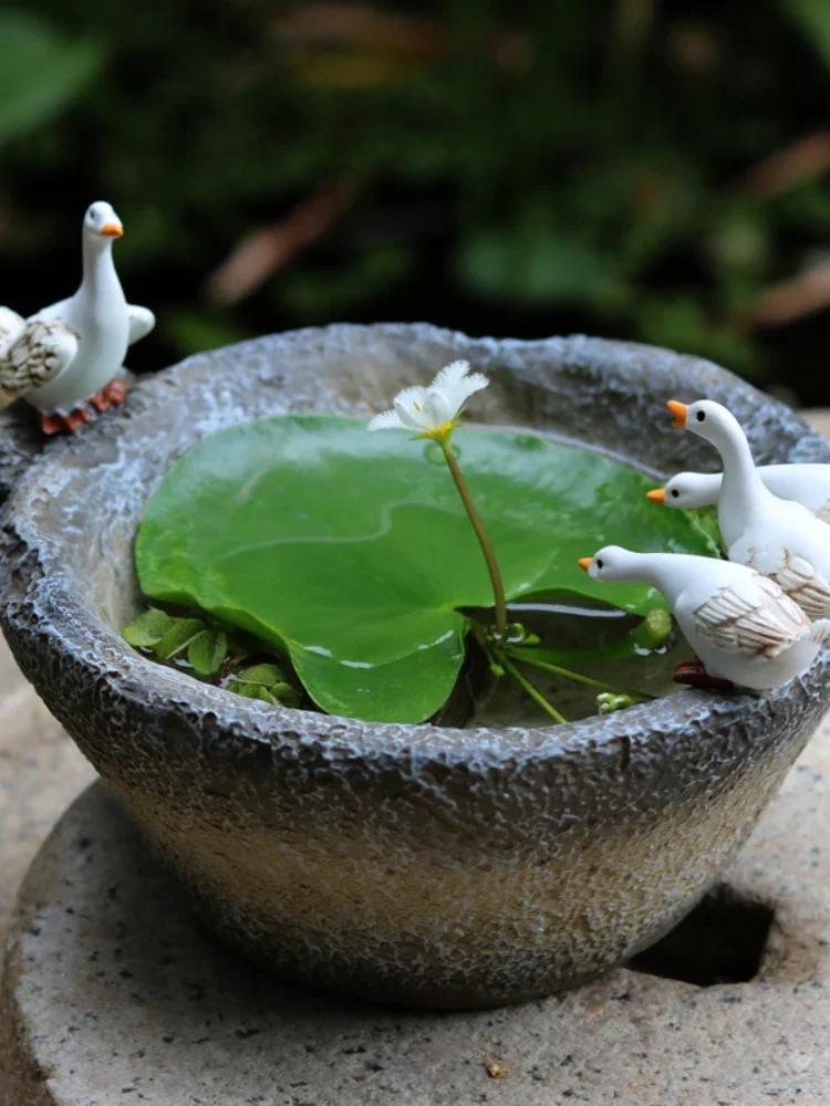 Hydroponic Flowerpot One Leaf Lotus Flower Garden Decoration Retro Imitation Stone Mortar Basin