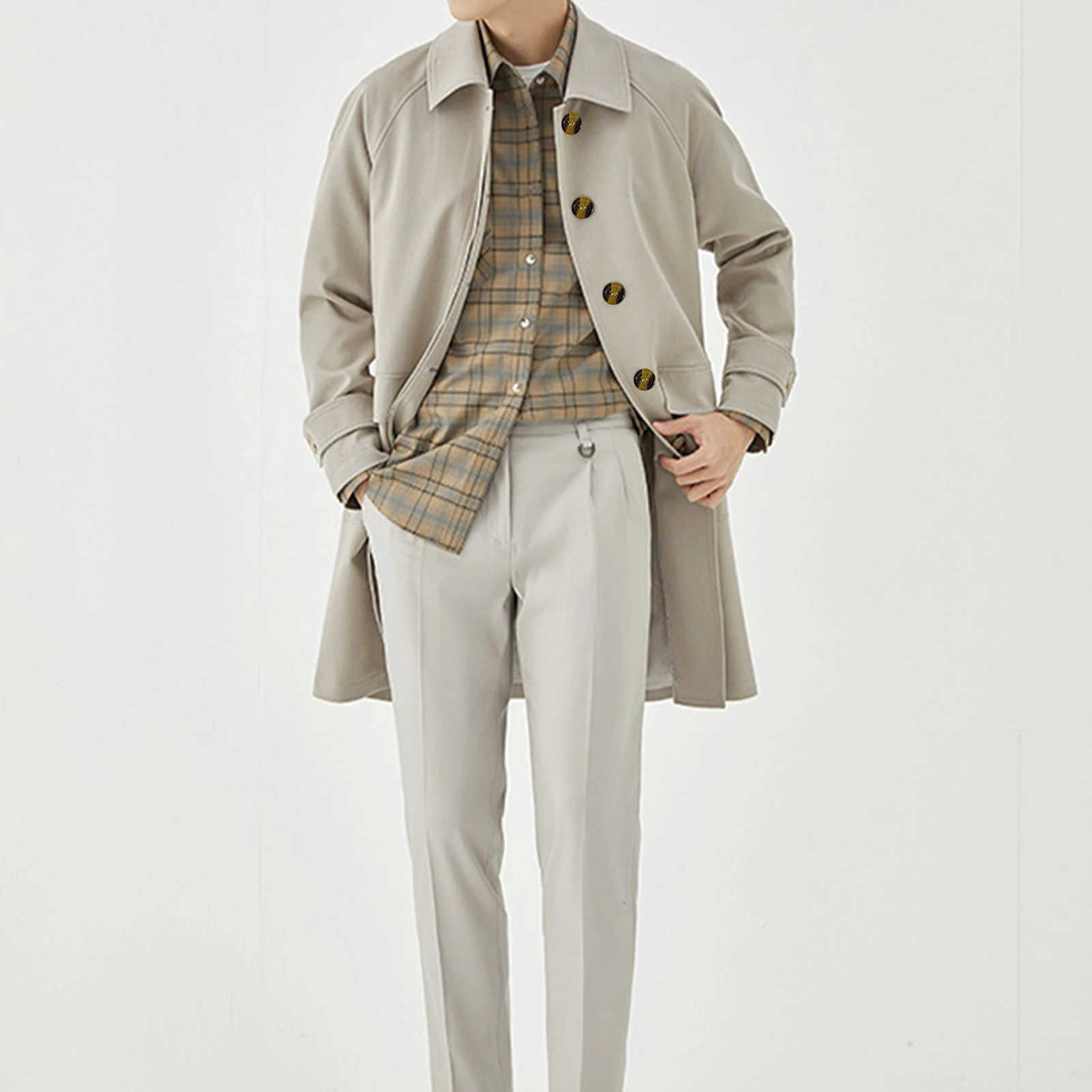 Giubbotti da uomo 2024 Primavera monopetto medio-lungo Trench maschile tinta unita cappotto kaki giacca a vento di grandi dimensioni