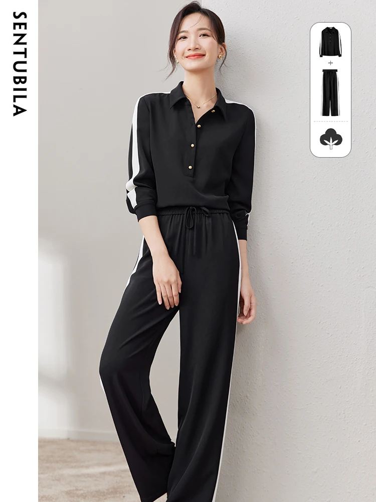 

SENTUBILA Casual Sport Pant Set Autumn Fashion Polo Long Sleeve Shirt Top Lady Wide Leg Pant 2 Piece Sets Women Outfit 133Z50455