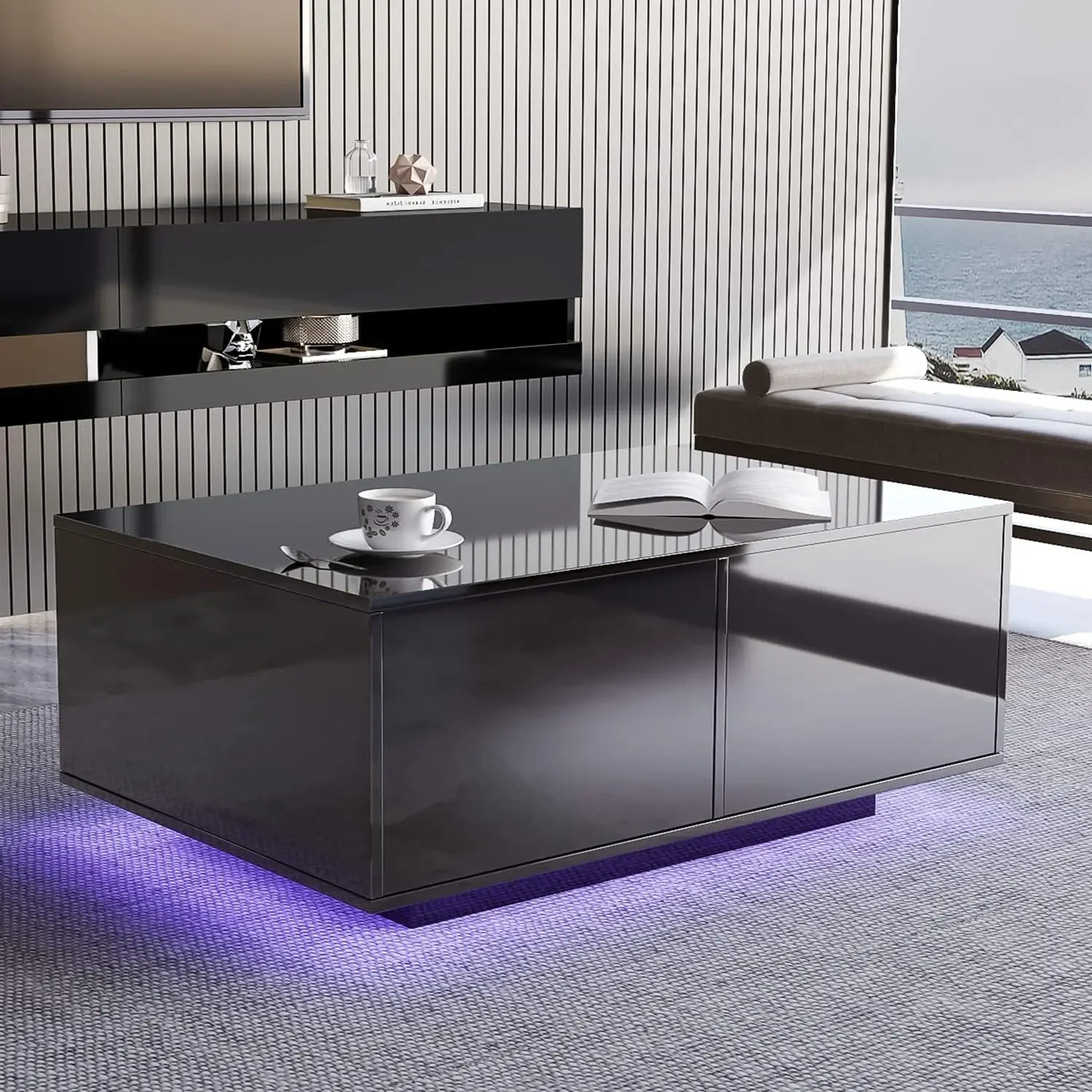 LED Coffee Table with Storage Drawers,Modern High Glossy Center Table with 20 Colors LED Lights for Living Room