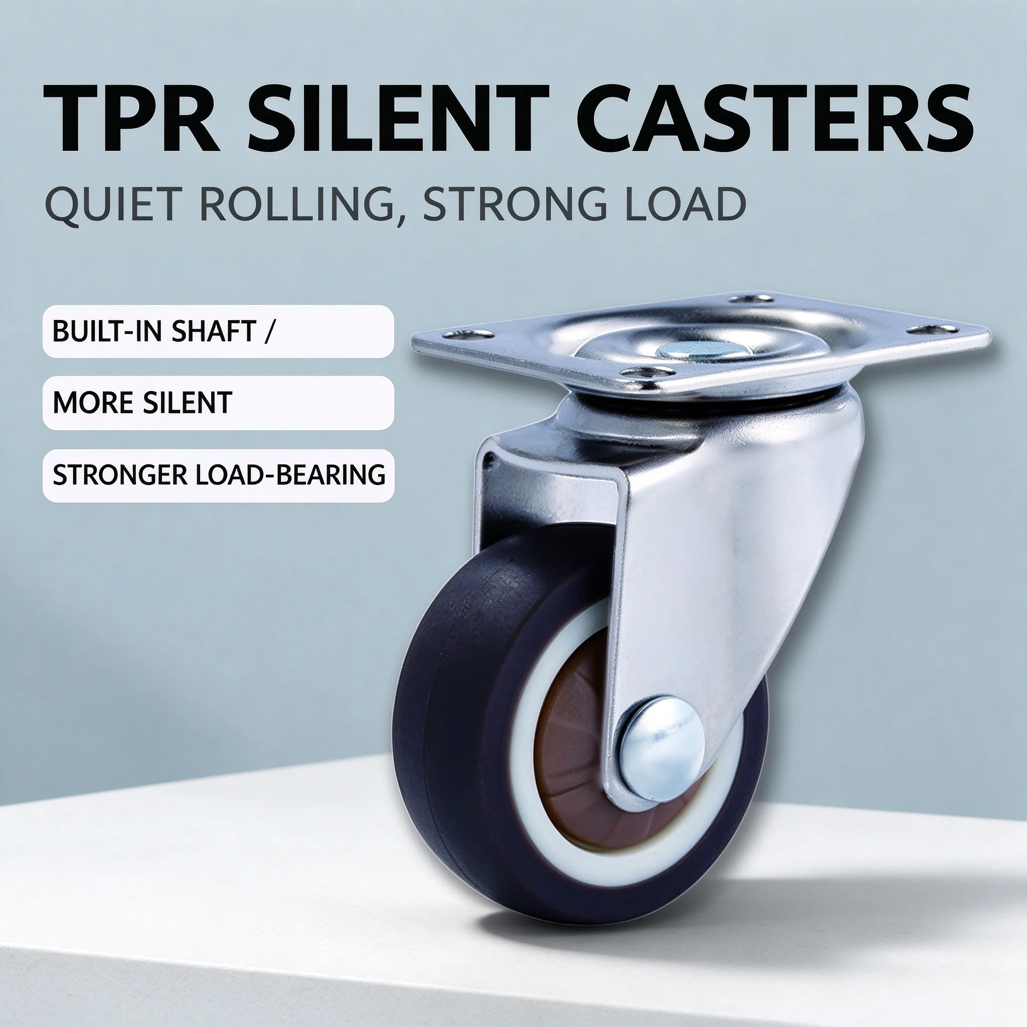 TPR Silent Caster Wheels, 360° Swivel, Top Plate Mount, Heavy Duty, No Scratch Floor, for Cabinet Rack Table Furniture