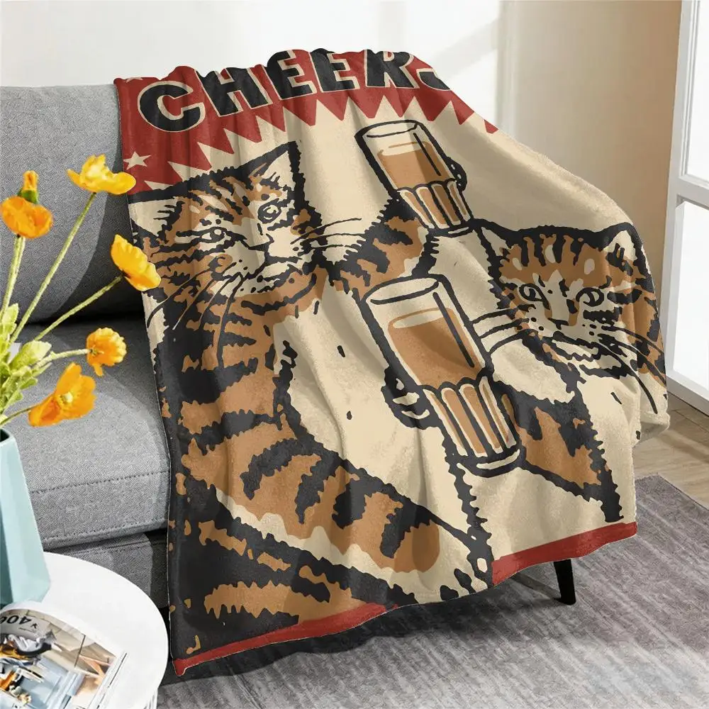 Funny Cheers Drunk Cats Throw Cozy Summer Nap Flannel Blanket Soft Throw for Office, Couch, Travel & Bed