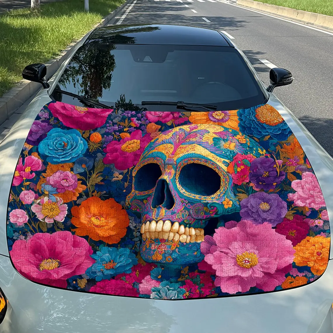 

Виниловая наклейка с яркими цветами и скелетами — подходит для обертки на капот автомобиля, прочная наклейка на внешний капот автомобиля из ПВХ с яркой пластиной