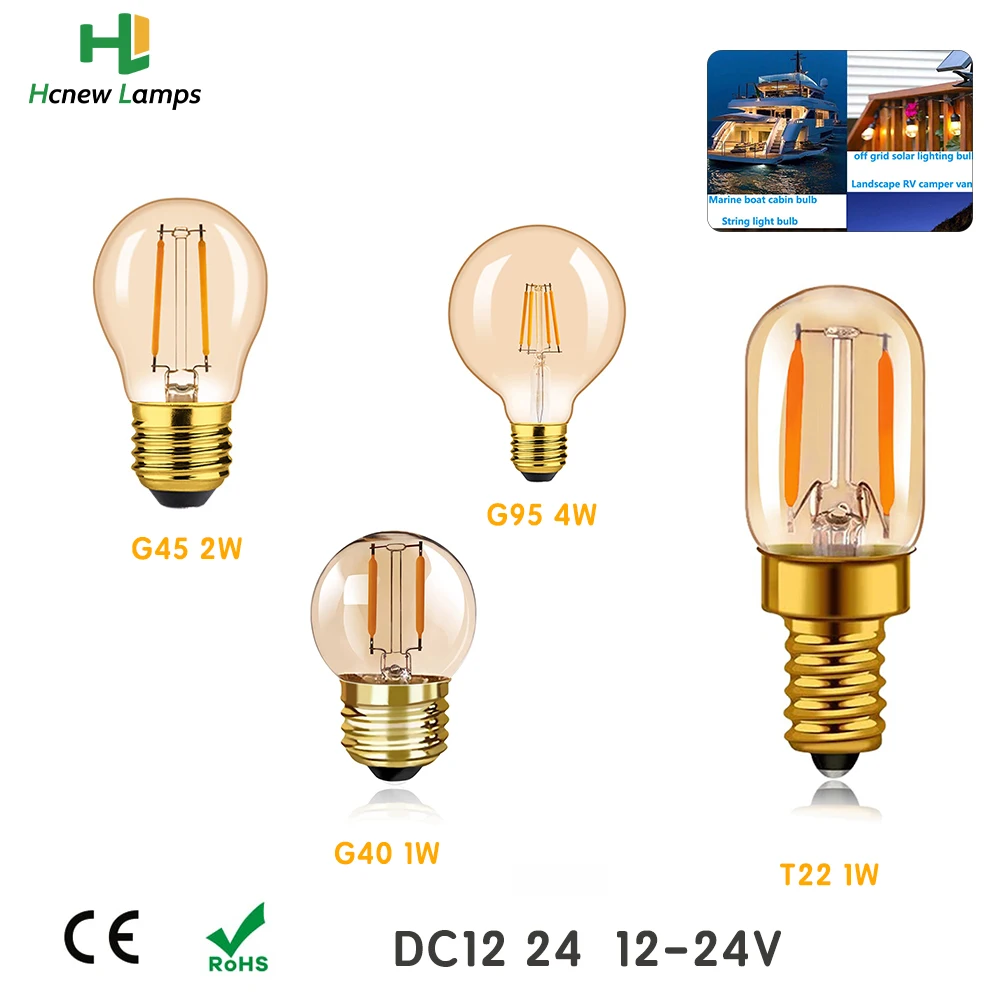 

Led Filament Light Low Voltage E12 E27 Led Lamp DC12V 24V T22 G40 G45 G95 Amber Glass 1W LED Light Bulb RV Locomotive Room Light