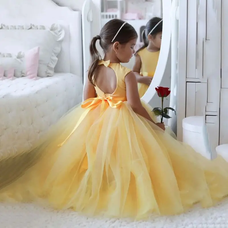 Customized Yellow Flower Girl Dresses For Wedding Tulle Backless Floor Length Lovely Princess Birthday Party Formal Events Gown