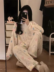 Women's Fleece Thick Pajamas Set Autumn Winter Flannel Sweet Student Home Sleepwear Cardigan Zipper Casual Loose Girls Nightgown