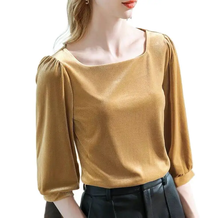 England style women fashion vintage square collar velour shirt,Spring elegant Lantern sleeve blouse velvet tops 10 colors