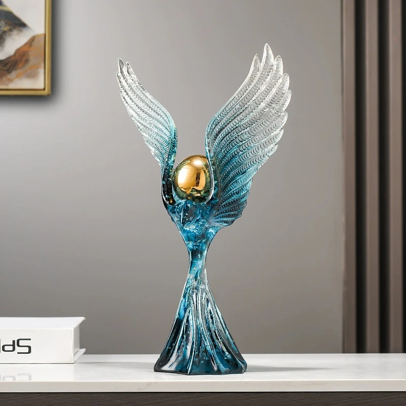 Translucent Blue Angel Wings Sculpture Resin Wings Decoration with Golden Spheres Modern Living Room Side Table Decoration