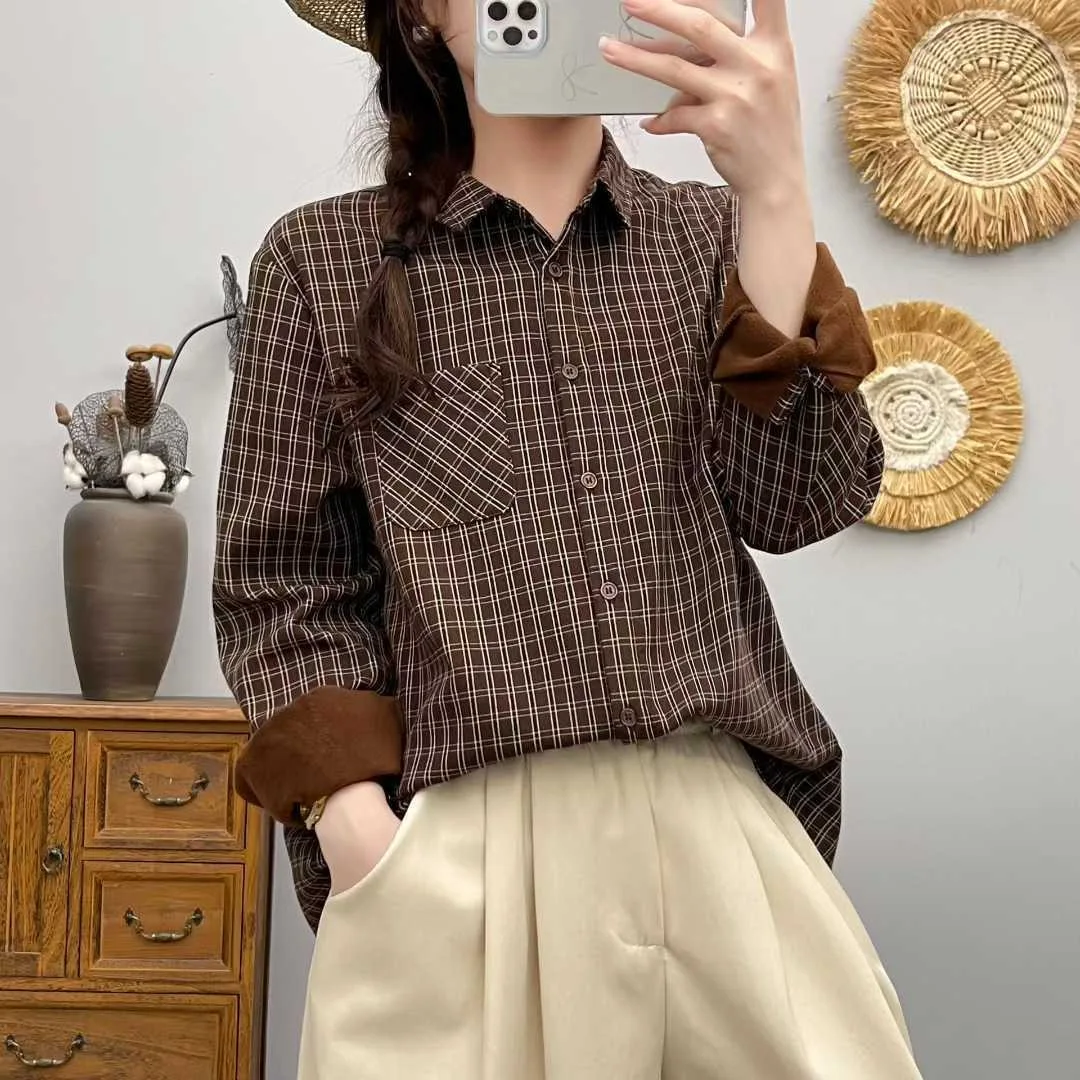 

Women Vintage Mori Girl Checkered Fleece-lined Shirts Autumn Winter Turn Down Collar Long Sleeve Casual Loose Blouse Tops