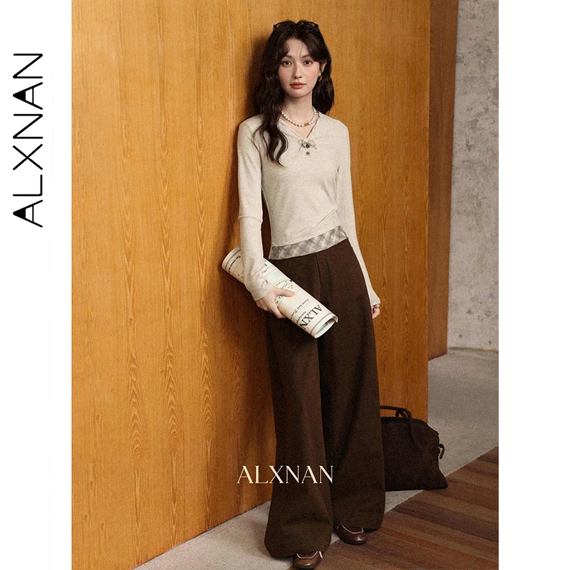 ALXNAN T-shirt a maniche lunghe con farina d'avena Donna Autunno Chic Bottone con scollo a V Cuciture scozzesi Slim-fit Tees 2025 Casual Top Donna L57502
