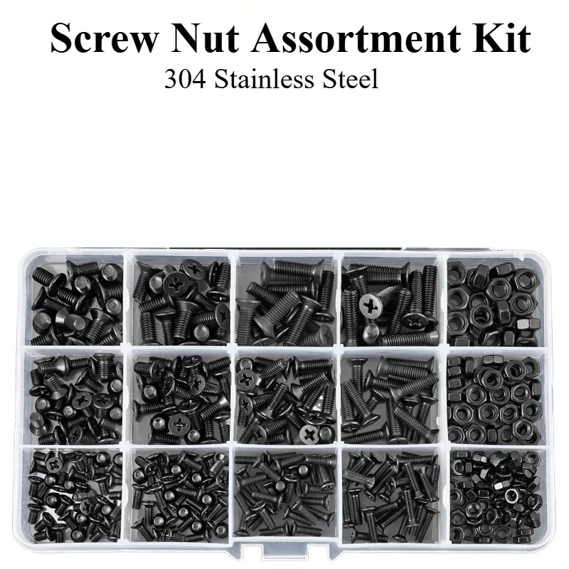 Black 304 Stainless Steel Cross Round Head Flat Head Countersunk Head Screw Nut Assortment Kit M2M3M4M5