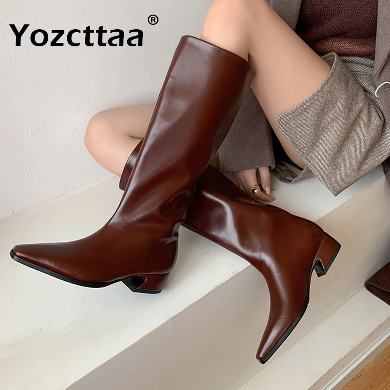 

Yozcttaa Size 34-40 Women Knee High Boots Real Leather Ins Fashion Winter Thick Mid Heels Shoes 2025 Wide Calf Office Lady Dress