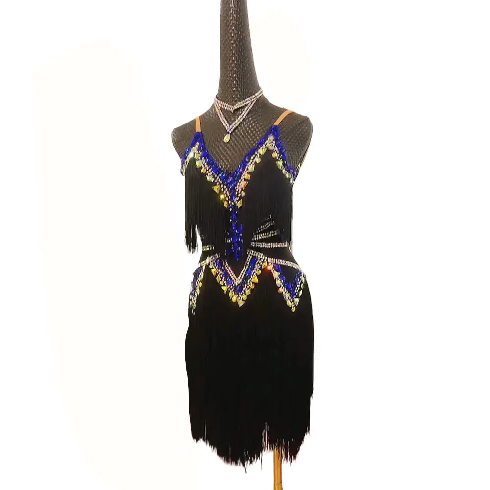 Latin Dance National Standard Dance Competition High-end Dress Custom Tassel Suspender Blue Diamond Samba Style Standard Dress