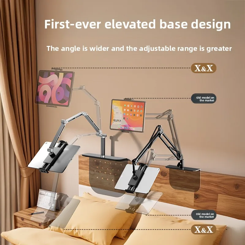 Bedside Phone and Tablet Arm Stand with 6 Axis Adjustment, Solid Aluminum Support, Concealed Decorative Base, No Clamp Required