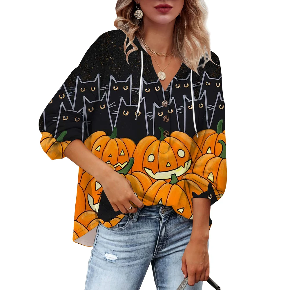 CLOOCL Halloween Women Hoodies Fall Winter New Oversized Pullover Fashion Harajuku Tops Pumpkin Black Cat Print Button Hoodies