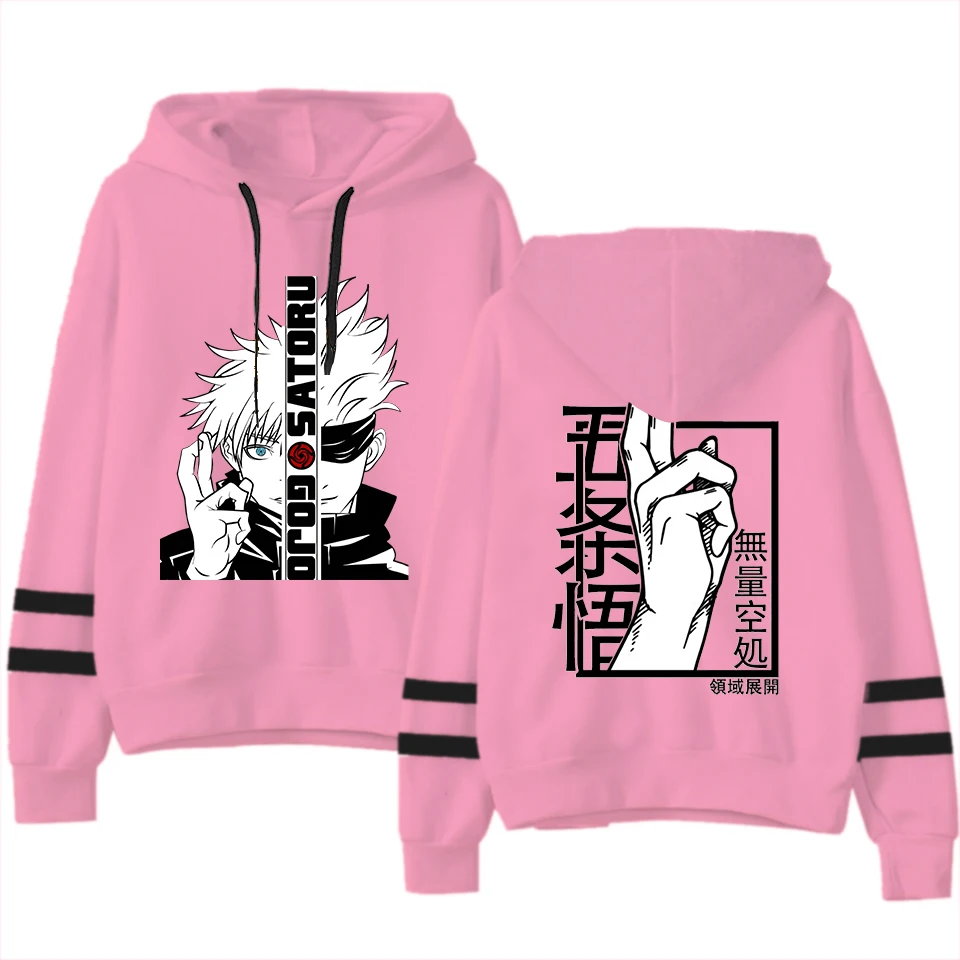 New Satoru Gojo Print Hoodies Women Causal Tops Unisex Harajuku Anime Long Sleeve Stripe Sweatshirts