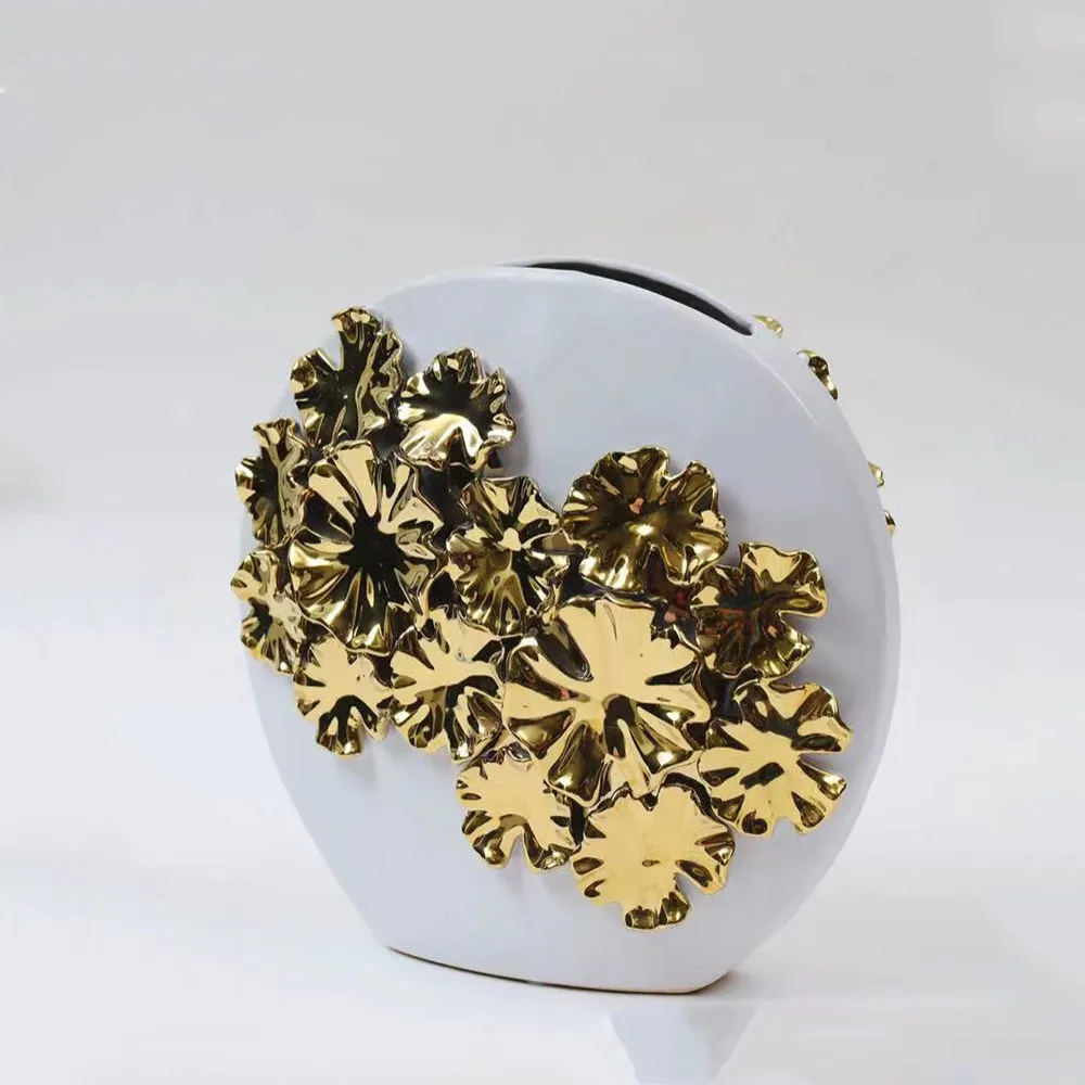 Ceramic Vase Gold Embossed Flower Flat Floral Arrangement Fittings Porcelain Artifact Home Decoration Vases Pots Terrarium