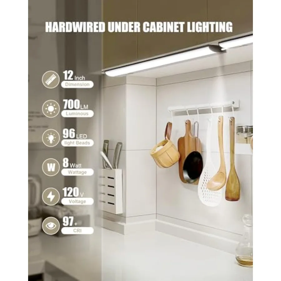 Hardwired Under Cabinet Lighting, 12 inch 3CCT with Triac Dimmable, 8W Linkable Under Counter Lights for Kitchen, CRI 97, 96 LE