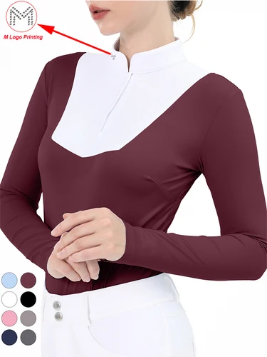 Imagen 1 del producto Camisetas con capa Base para montar a caballo con logotipo M, Top de manga larga ecuestre para mujer, blusa deportiva transpirable para espectáculo de competición con cremallera