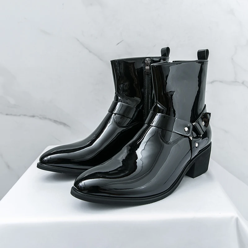 

Мужские модные удобные короткие ботинки из искусственной кожи с острым носком для делового офиса и боковой молнией на высоком каблуке