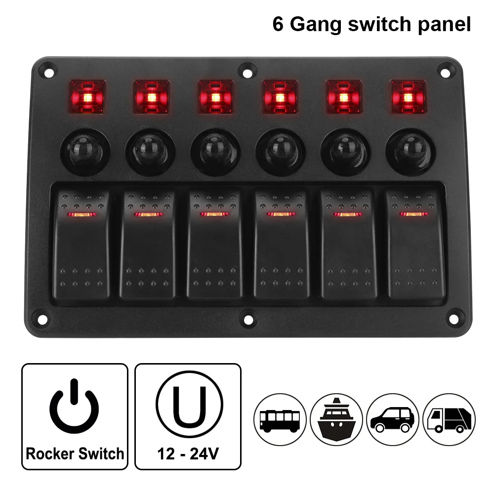 Painel de interruptor do carro impermeável, controle de circuito com adesivo, 6 Gang Marine Rocker, luz LED, 12-24V