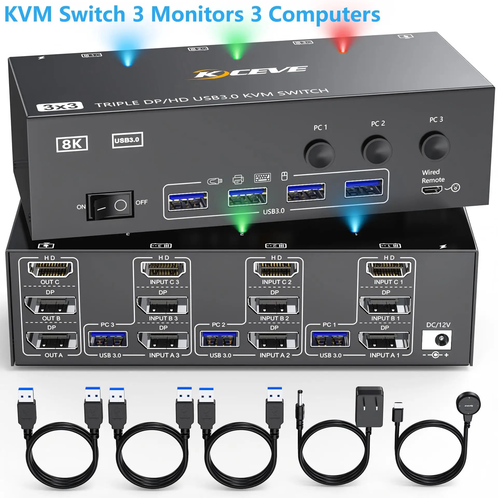 KVM Switch 3 Monitors 2/3/4 Computers,USB 3.0 HDMI+DisplayPort 8K@60Hz/4k@144Hz Triple Monitor Switch for 2 PC Share 4 USB 3.0