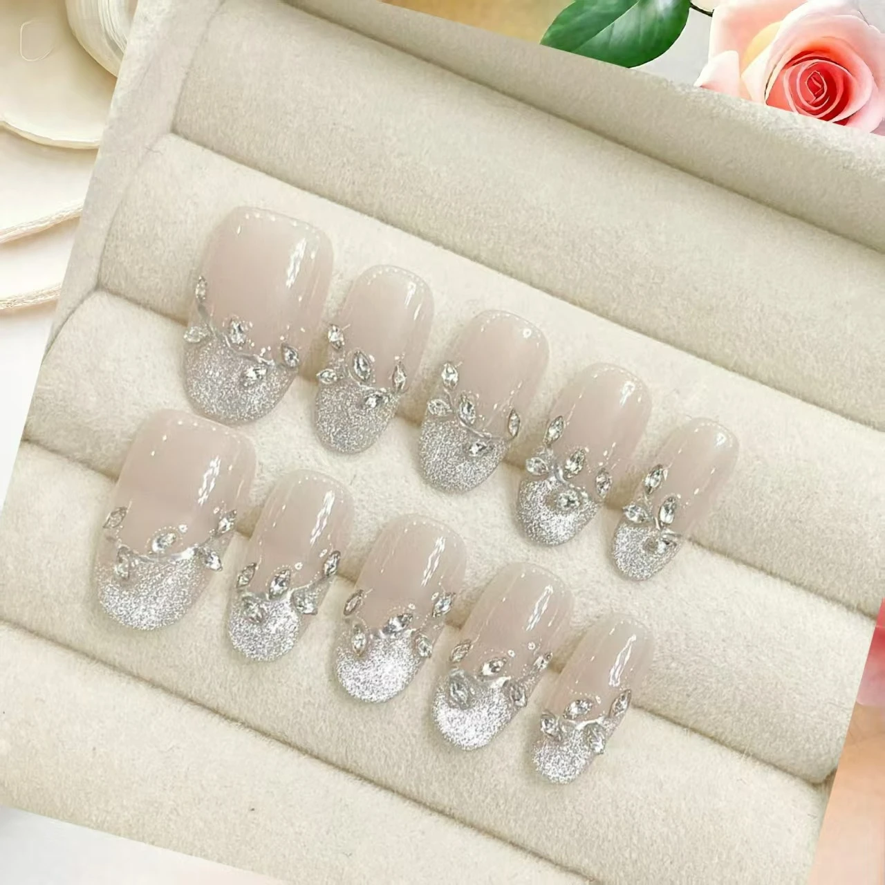 

10 шт., гелевые накладные ногти ручной работы, розово-коричневые, кошачий глаз, блестящие 3D стразы, сверкающие накладки на ногти с 4 инструментами, клейкие вкладки для ногтей
