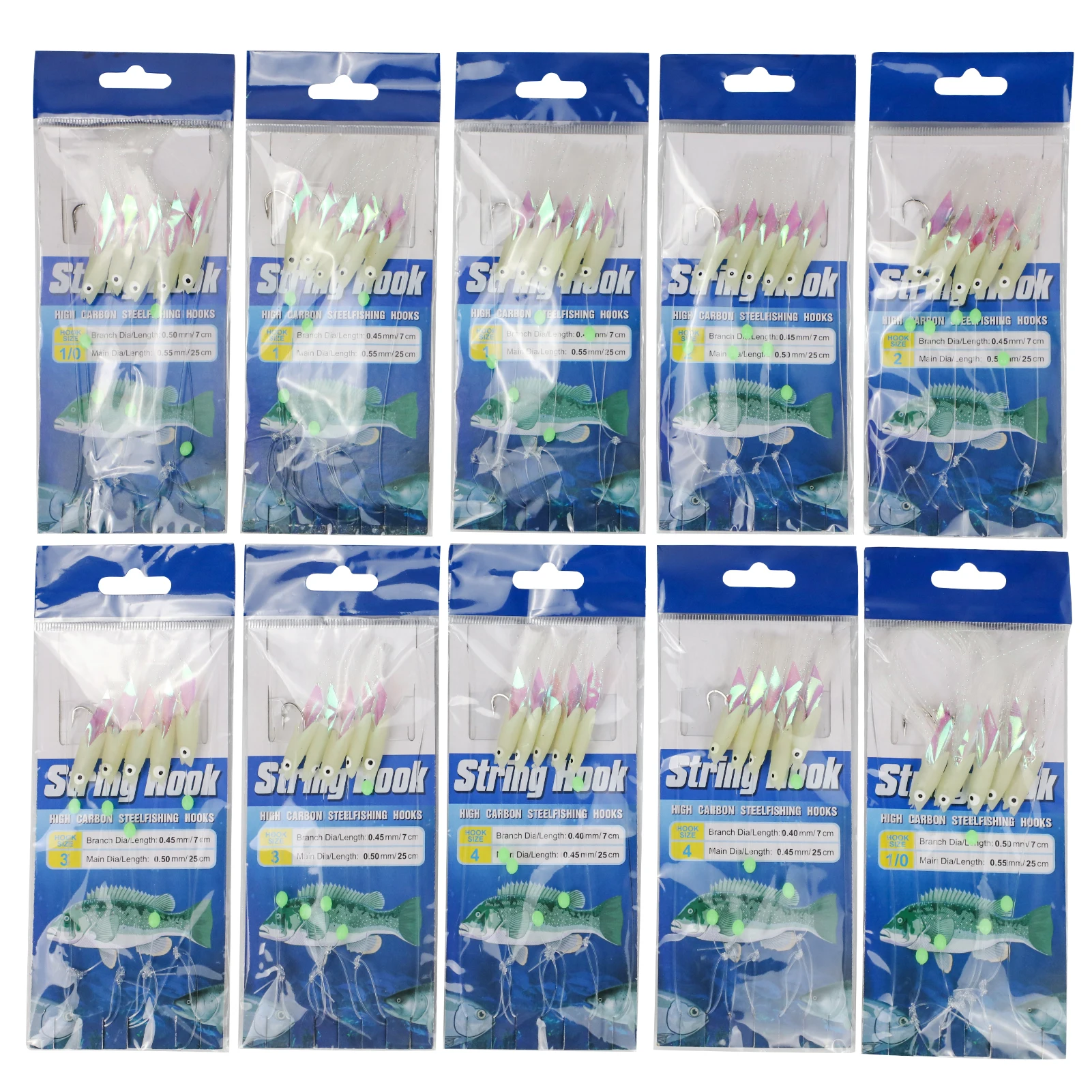 

FREE FISHER 10pcs/Pack Luminous Fishing String Hooks Set,4#-1/0# Shrimp Lures Soft Baits Nylon Line Swivel Colorful Wire Rigs