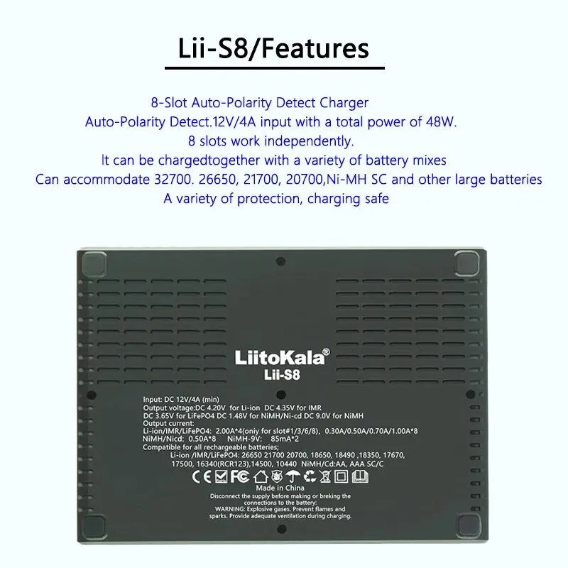 LiitoKala Lii-S8 8 Slots Check Capacity 3.7V 1.2V For 18650 26650 21700 26700 18350 AA AAA With 9V LCD Battery Charger