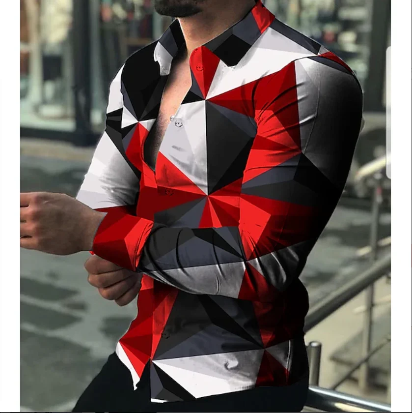 Designer's New 3D Printed Pattern Graffiti Line Checkered Shirt, Fashionable Men's Street Outdoor Casual Collar