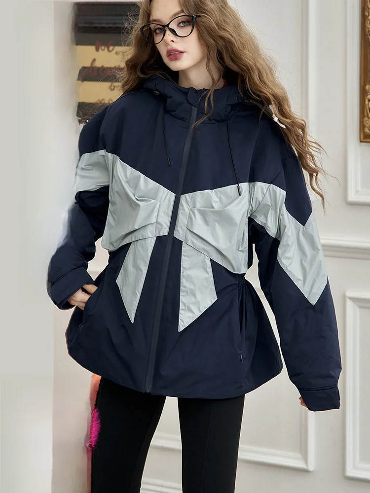 

Fene Splice Design down Jaet Women's Winter Coat with Waist-Cinching Knot Color Blo Sli Casual Sle