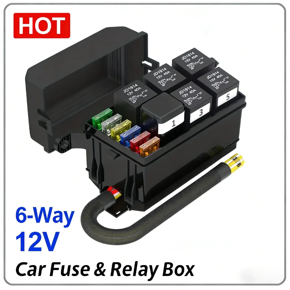 

12V 6-Way Car Fuse Relay Box Pre-Wired 40A 4-Pin Relays Nylon Plastic Control Module with Organized Cable Management for Marine