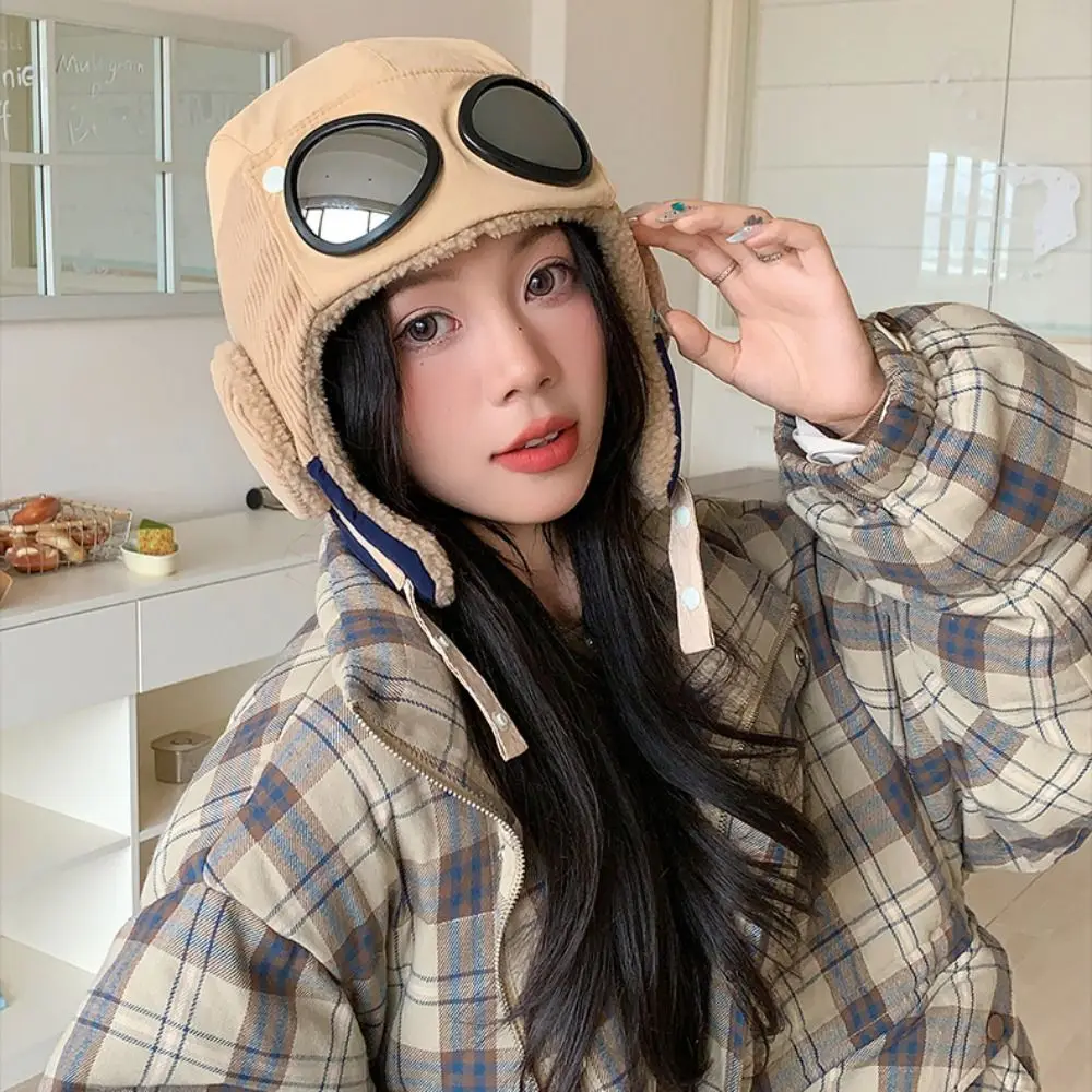 Windproof Winter Pilot Hat With Goggles Anti Fog Ear Protection Warm Ski Hat Neck Protector Cold Proof Plush Hat Autumn Winter