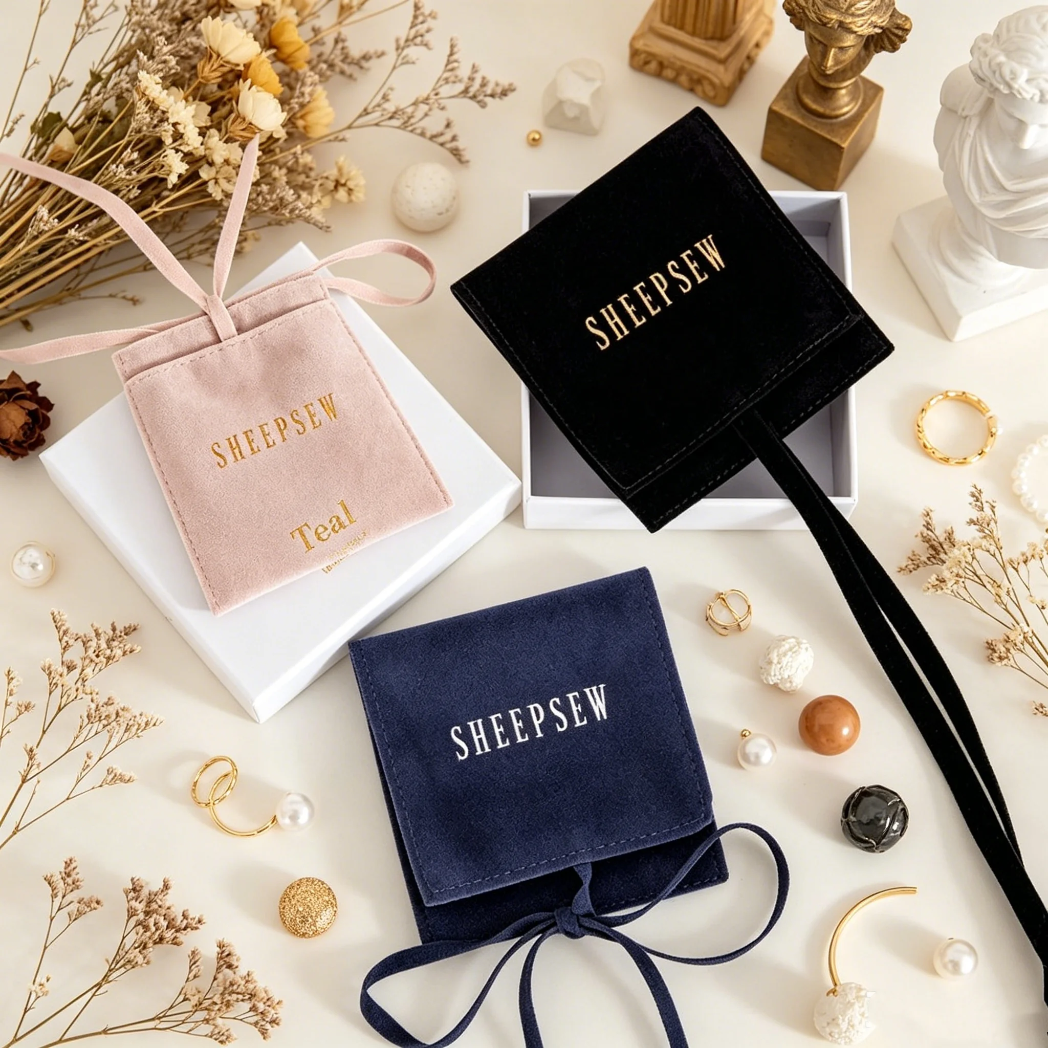 

SHEEPSEW Custom Logo Velvet Drawstring Pouch High End Tie Closure Bag Cosmetic Makeup & Jewelry Packaging Storage Pouch for Neck