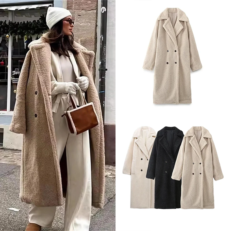 Guobioziy Women's Slim-Fit Fleece Long Coat Jacket 2026 Spring-Autumn New French Casual Fashion British Classic Commuter Street