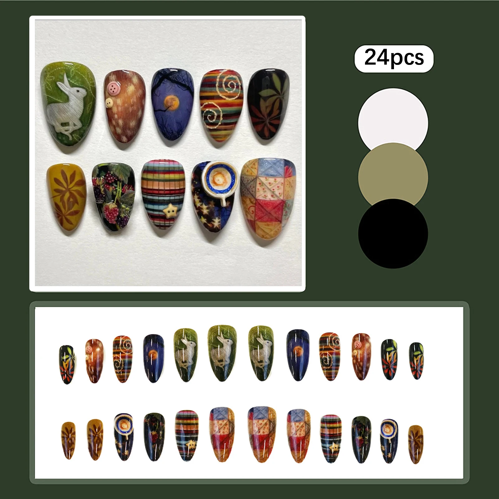 24 Stück schwarze künstliche Nägel mit Farbverlauf, niedliches Cartoon-Katzenauge, Waldelfenmädchen, zum Aufdrücken der Nägel, glänzende Mandel, süße coole gefälschte Nagelspitzen