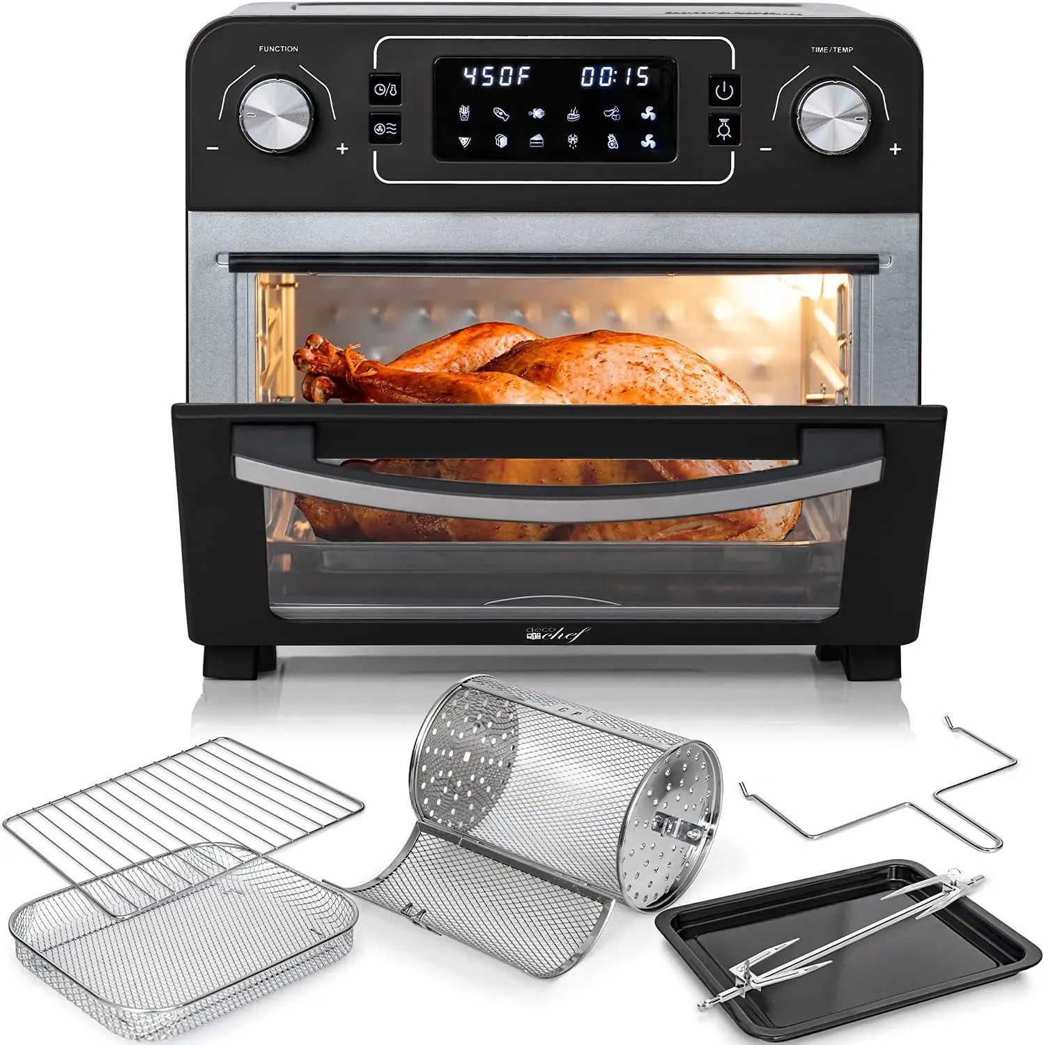 Horno tostador de 1700 vatios con encimera de acero inoxidable negro de 24 cuartos con freidora de aire incorporada y conjunto de asador incluido, parrilla