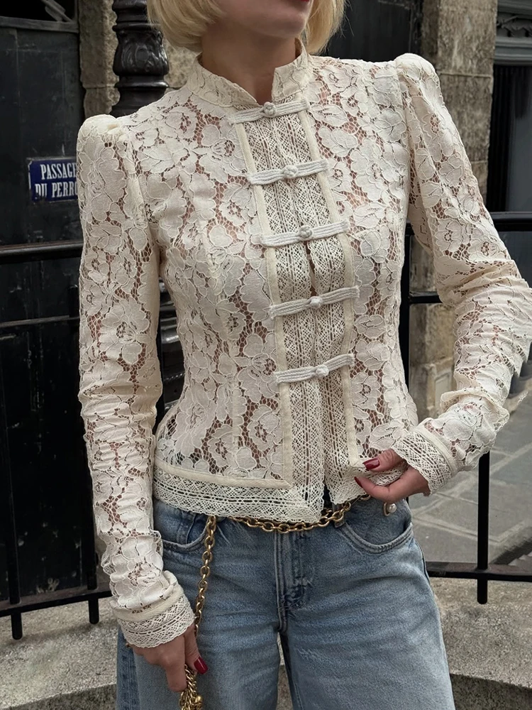 

JULISSA MO Sexy See Through Stand Collar Lace Women Tops White Long Sleeve Print Floral Tops Summer Slim Elegant Women Clothing