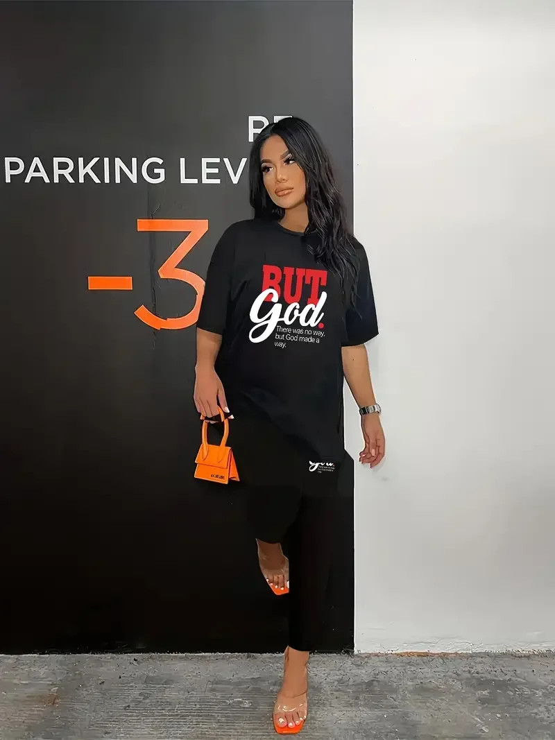 GOD BUT Print Two-Piece Set Vibrant Crew Neck Short Sleeve Top & Skinny Pants Outfits Women\'s clothing sales trouser suits 2024