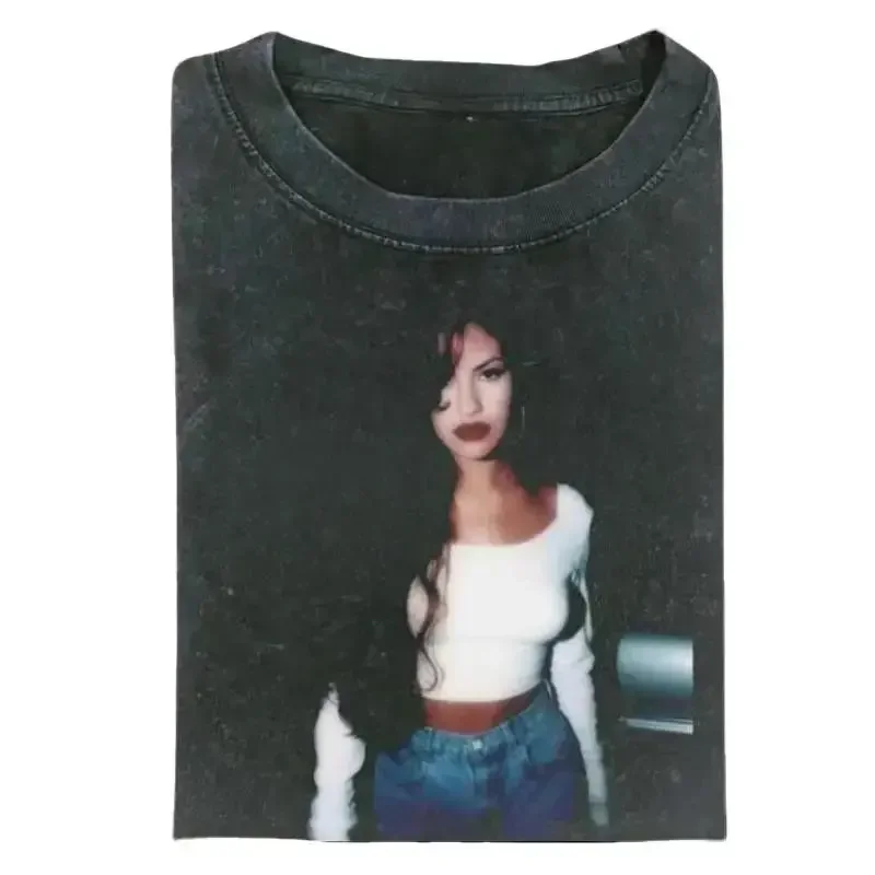 Unisex  Pure Cotton Washed T-Shirt - Selena Quintanilla 90s Retro Look, Short Sleeve Tops, Round Neck, Graphic Print Selena Image, HipHop Music Vintage Top