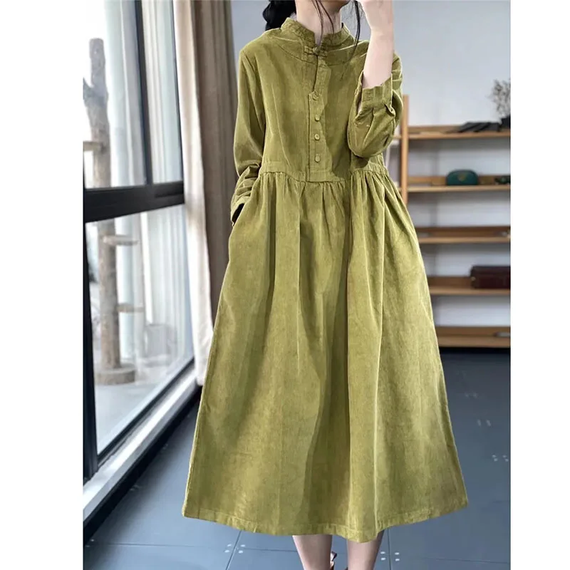 2024 Spring Autumn Fashion Corduroy Dress Long Sleeved Women Dress Vestidos Korean Loose Winter Bottoming Dress Dresses Female