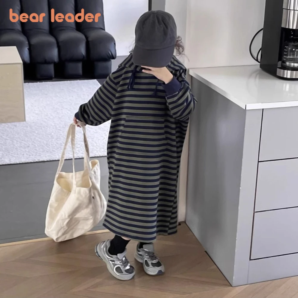 ベアリーダー子供服女の子春と秋のストライププリントフード付きガールドレス韓国語バージョンファッション長袖ドレス