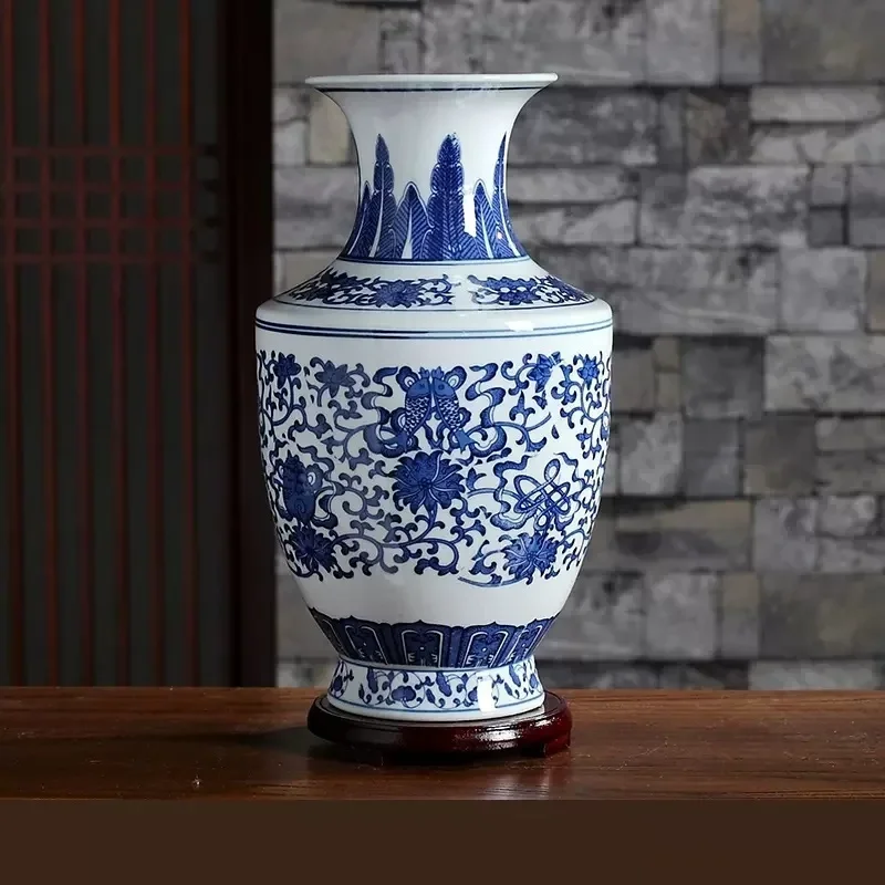 Jingdezhen Porcelain Antique Blue and White Porcelain Vase Decoration Living Room Flower Arrangement Chinese Large Decorative Ha