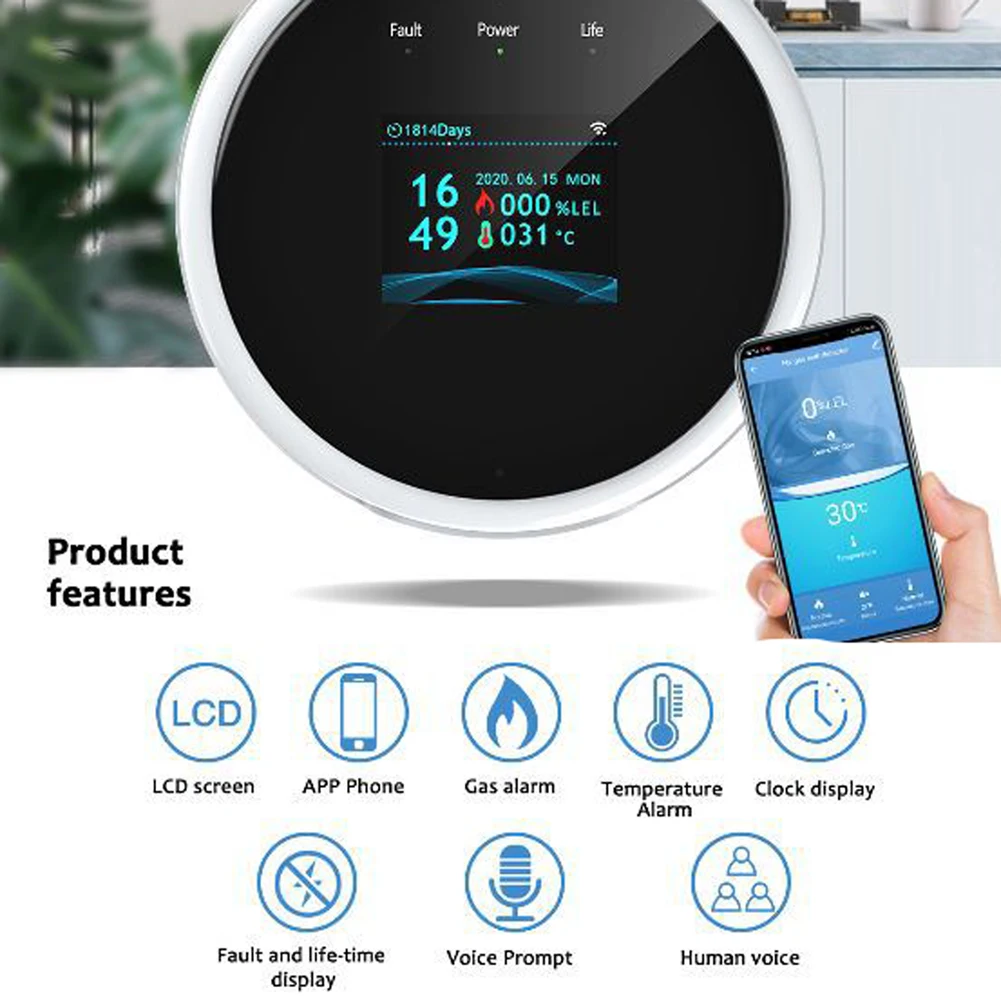 Tuya Wifi مستشعر الغاز الطبيعي المنزلية الذكية القابلة للاحتراق كاشف إنذار الغاز مستشعر تسرب الغاز متوافق مع Amazon Alex
